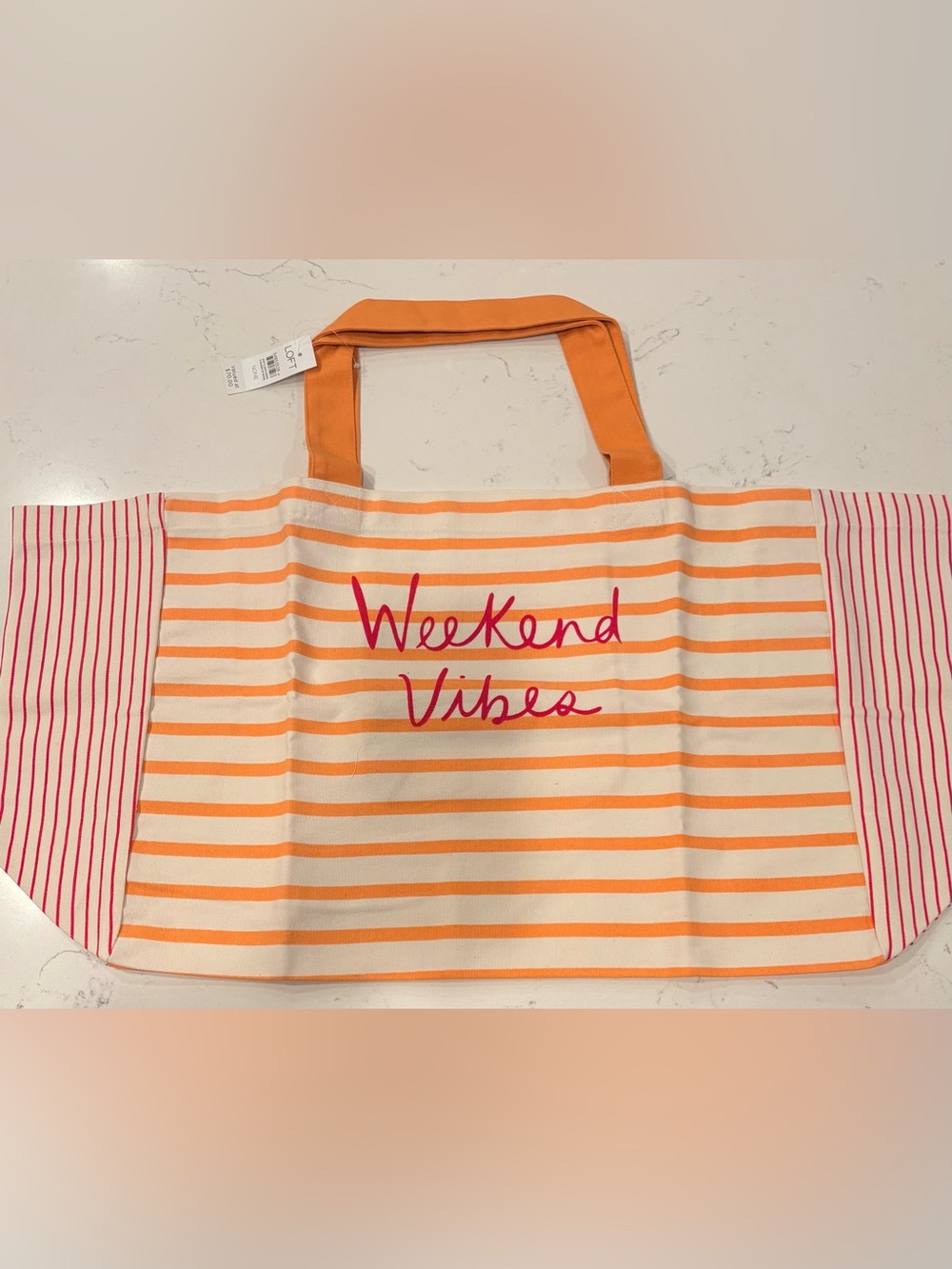 LOFT XL Cream and Orange Striped 'Weekend Vibes' Tote with Pink Script- 14.5”X28